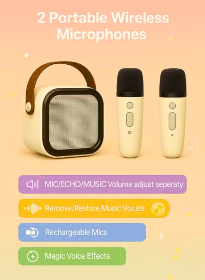 جهاز كاريوكي محمول للأطفال والكبار - مكبر صوت كاريوكي بلوتوث مع ميكروفونين لاسلكيين، وأضواء LED ملونة، ومثالي للحفلات المنزلية وأعياد الميلاد والمتعة العائلية - Image 2